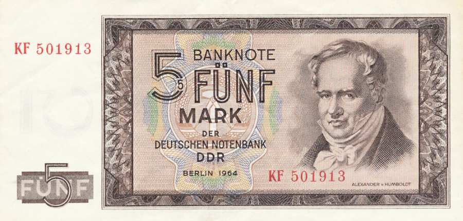 5-Mark-Banknote der Währung »Mark der Deutschen Notenbank« aus dem Jahr 1964