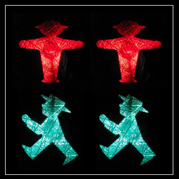 Collage of East German traffic light men red and green
