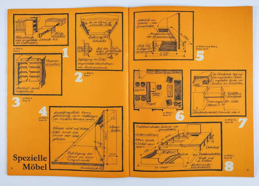 Zeitschrift "Guter Rat" - Sonderheft "Mach was aus deiner Altbauwohnung", um 1975, für die Frau Leipzig, S. 36/37 - Doppelseite zum Selbstbauen von Möbeln
