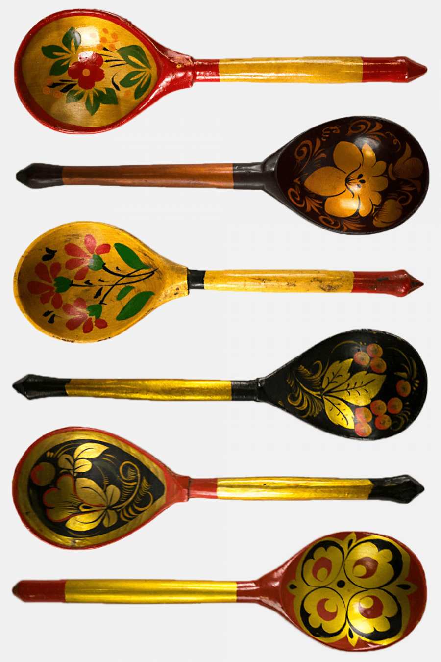 Collage of 6 painted wooden spoons from the Soviet Union