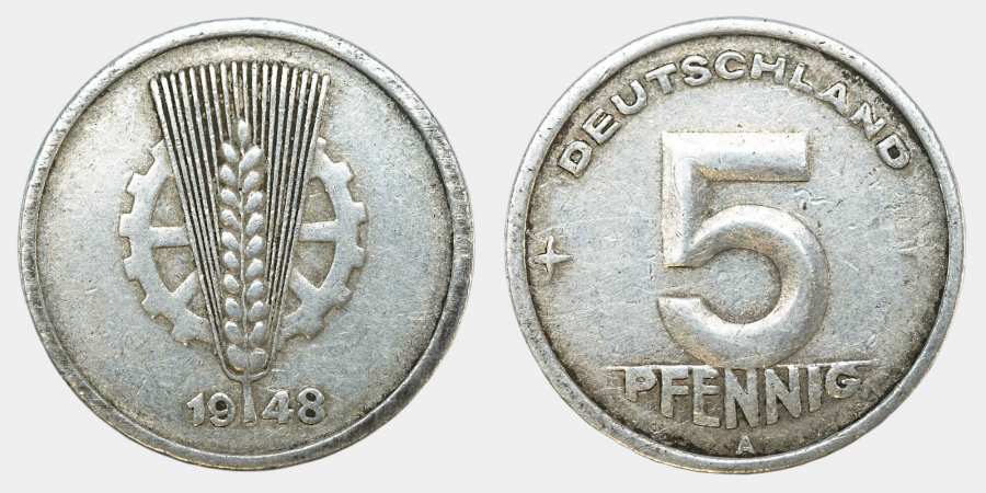 5-Pfennig-Münze der Deutschen Notenbank aus dem Jahr 1948
