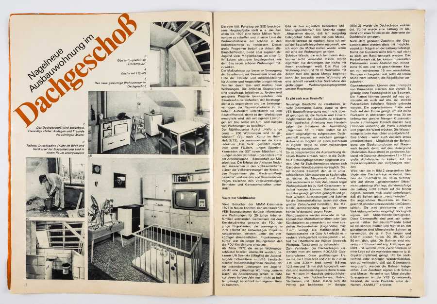 Sonderheft "Kultur im Heim - Wohnideen für den Altbau", Um 1973, Verlag die Wirtschaft Berlin, S. 32/33 - Doppelseite zum Ausbau einer Dachgeschoßwohnung 