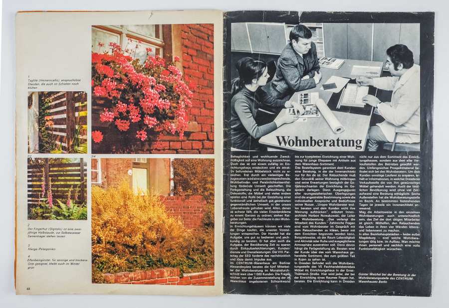 Sonderheft "Kultur im Heim - Wohnideen für den Altbau", Um 1973, Verlag die Wirtschaft Berlin, S. 32/33 - Doppelseite, links: Vorschläge für Bepflanzung; rechts: Informationen zur Wohnberatung