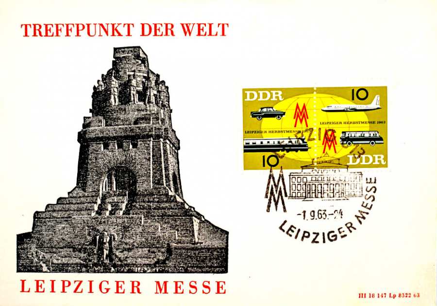 Postkarte »Treffpunkt der Welt Leipziger Messe« mit Briefmarken