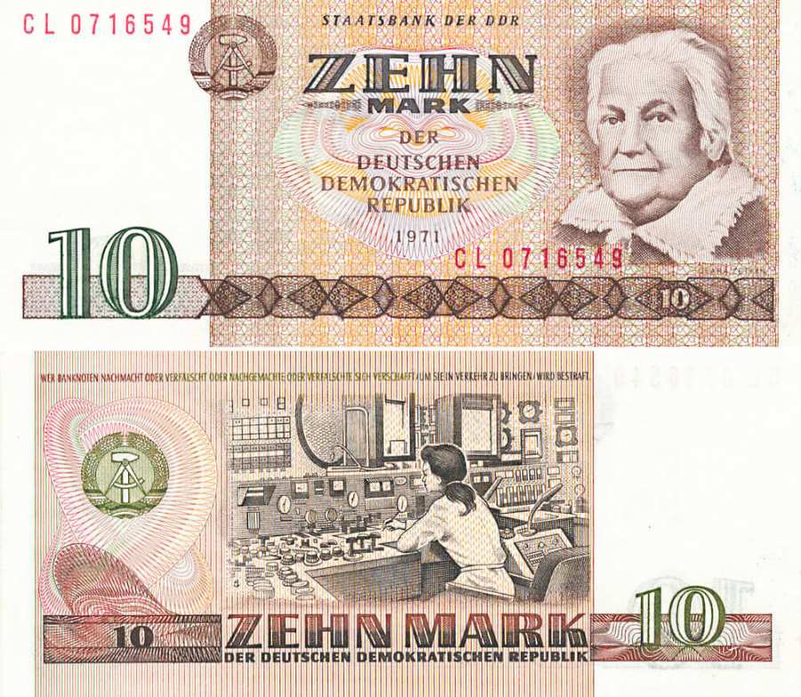Banknote/Geldschein 10 Mark der DDR mit Abbildung von Clara Zetkin