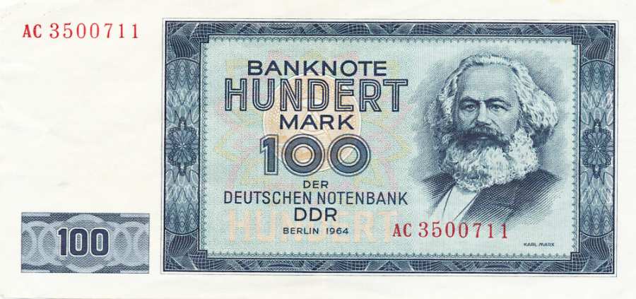 100 Mark banknote of the currency Mark der Deutschen Notenbank from 1964