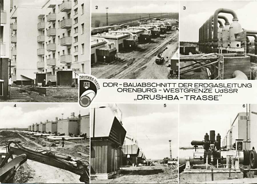 Postkarte mit Motiven der Drushba-Trasse in schwarz/weiß