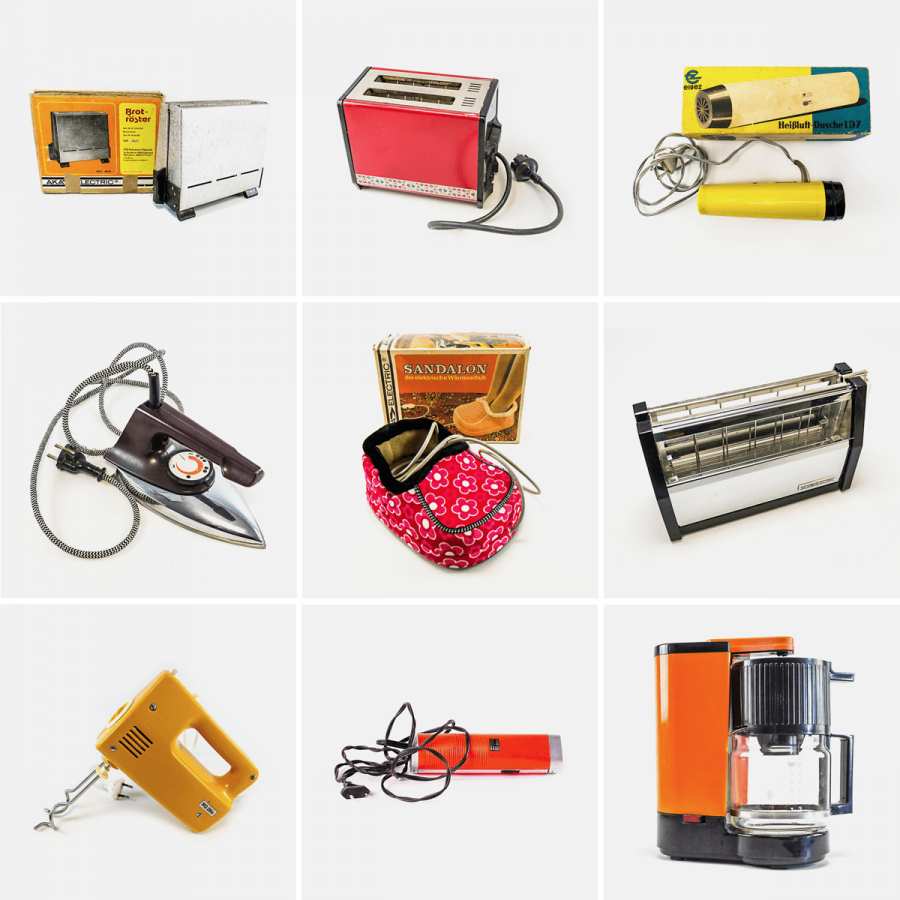 Collage of nine objects from the brand »AKA ELECTRIC«
