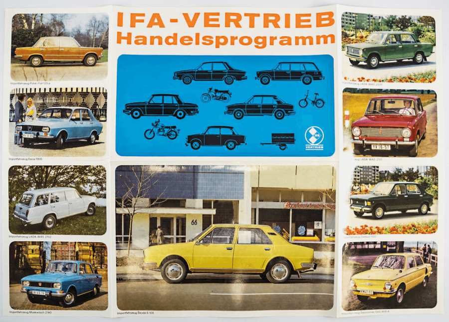 Werbebroschüre IFA Vertrieb Handelsprogramm mit farbigen Fotos der Modelle (u.a.) Lada, Saporoshez und Moskwitsch 