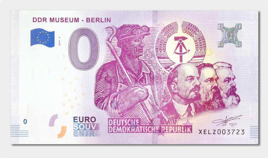  0-Euro souvenir banknote Marx, Engels, Lenin front