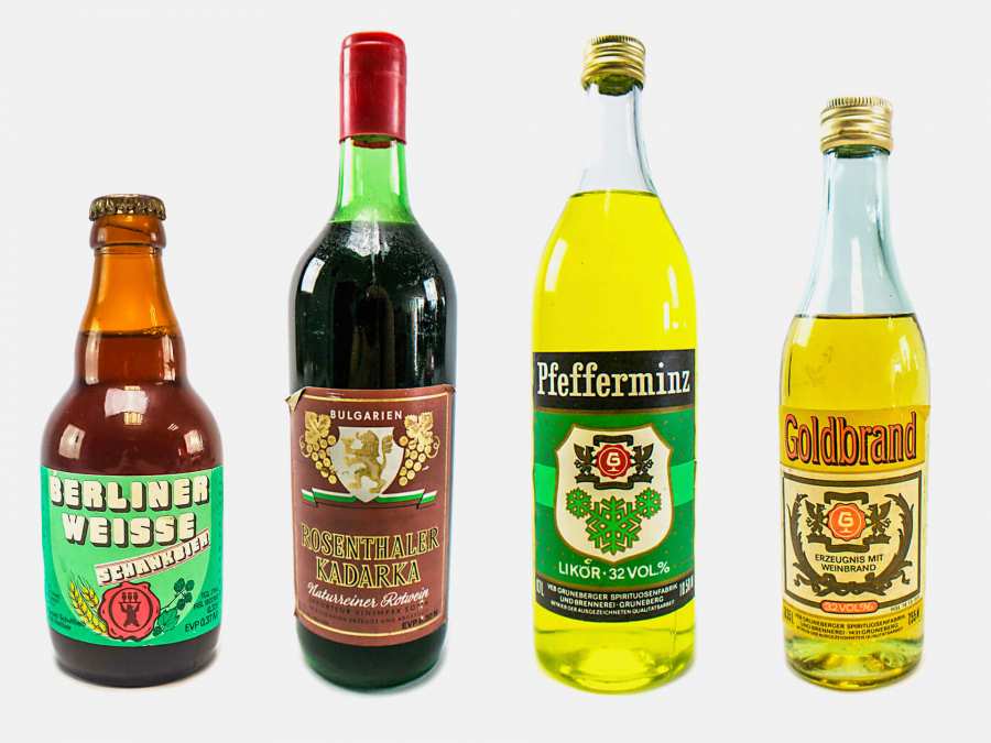Alcohol of the DDR, collage of Berliner Weisse, Rosenthaler Kadarka, Pfeffi and Goldbrand 