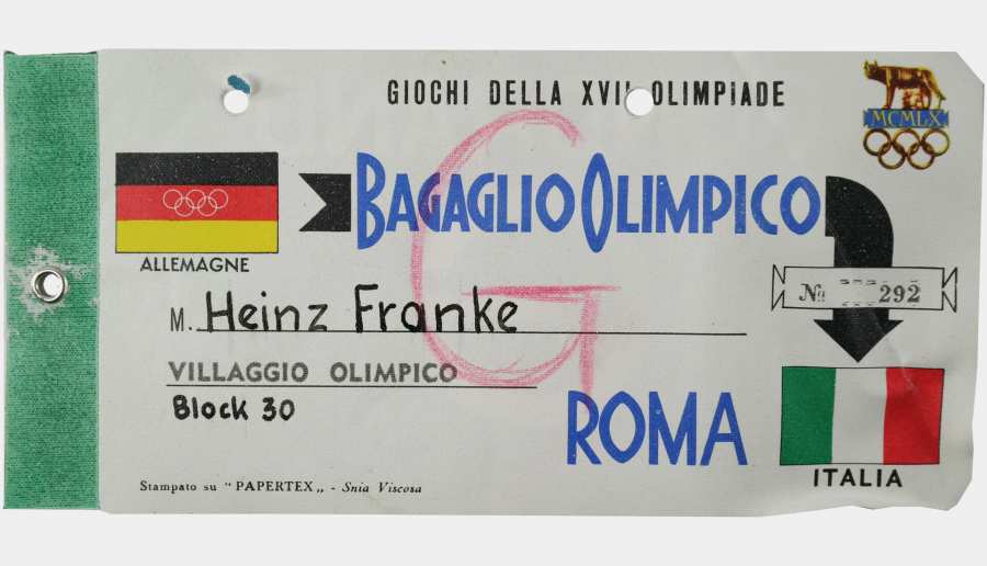 Access stamp for the Olympic Village by Heinz Franke (showing the flag of the all-German Olympic team)
