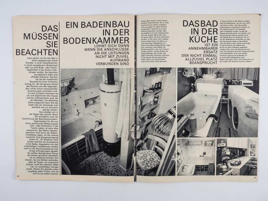 Zeitschrift "Wohnen im Altbau", 1975, S.40/41, Verlag für die Frau Leipzig Berlin - Doppelseite zum Thema Badeinbau in der Bodenkammer oder Bad in die Küche integriert